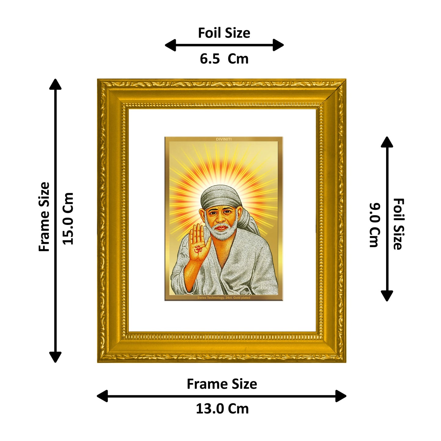 DIVINITI Sai Baba Gold Plated Wall Photo Frame| DG Frame 101 SIZE 1 Wall Photo Frame and 24K Gold Plated Foil| Religious Photo Frame Idol For Prayer, Gifts Items (15CMX13CM)