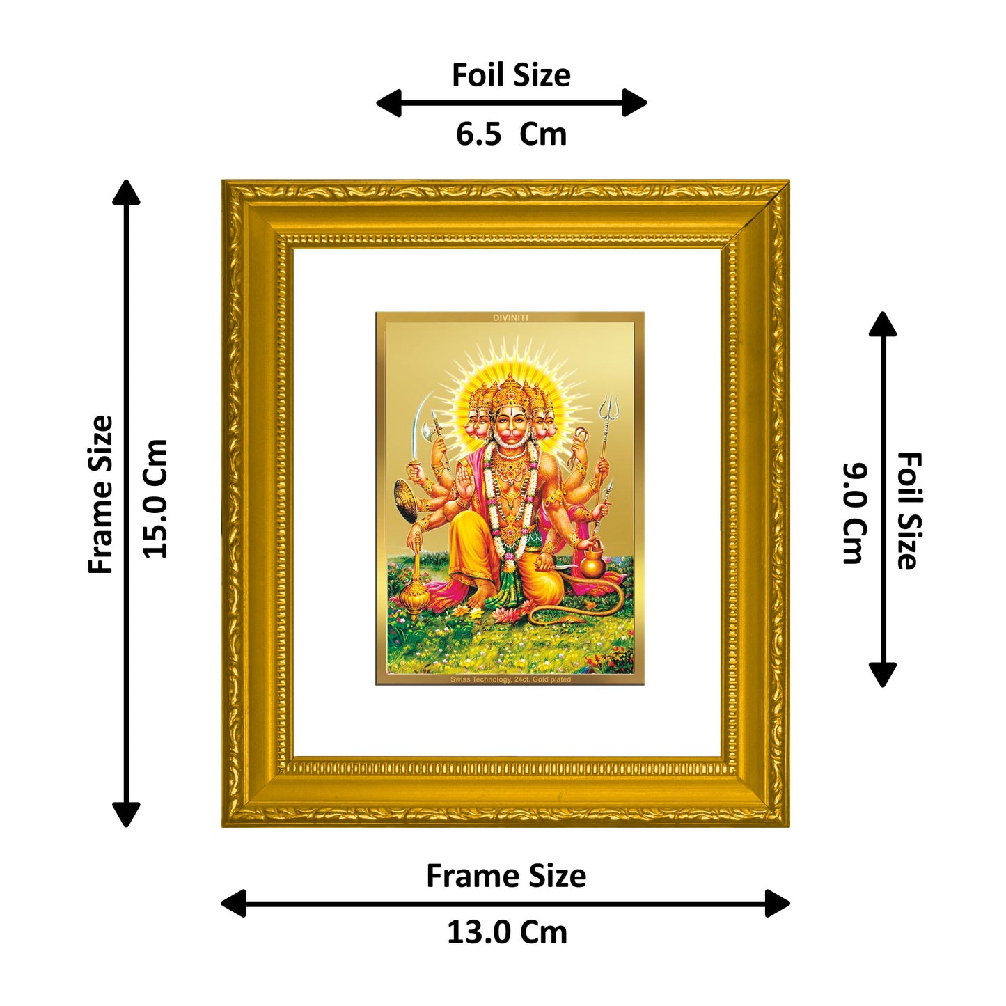 DIVINITI Panchmukhi Hanuman Gold Plated Wall Photo Frame| DG Frame 101 Size 1 Wall Photo Frame and 24K Gold Plated Foil| Religious Photo Frame Idol For Prayer, Gifts Items (15CMX13CM)