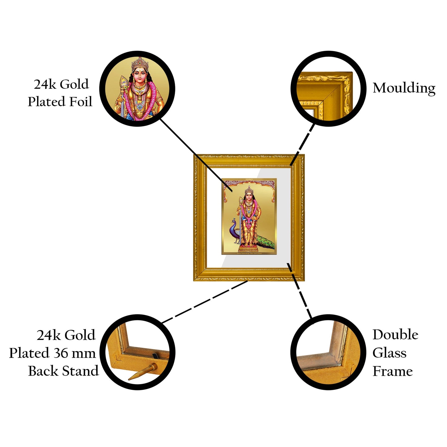 DIVINITI Murugan-1 Gold Plated Wall Photo Frame| DG Frame 101 Wall Photo Frame and 24K Gold Plated Foil| Religious Photo Frame Idol For Prayer, Gifts Items (15.5CMX13.5CM)