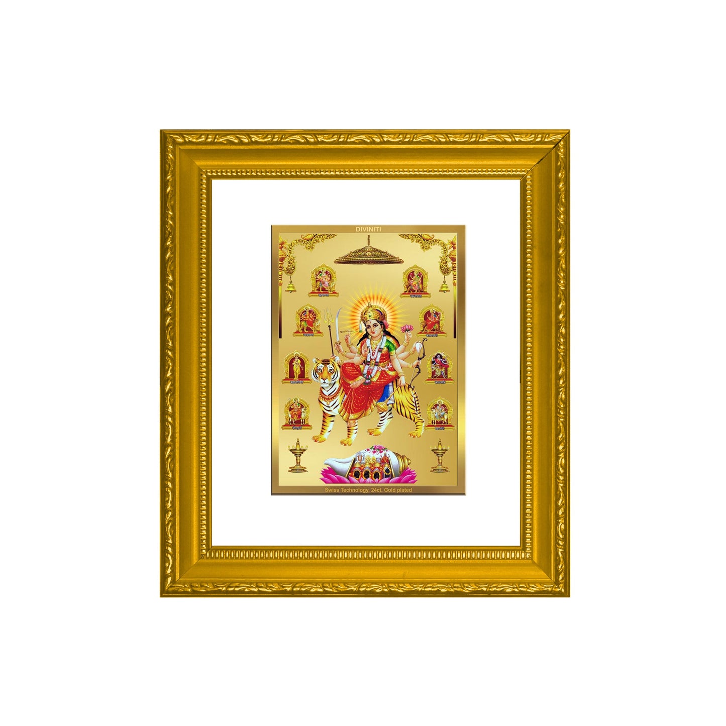 DIVINITI Nav Durga Gold Plated Wall Photo Frame| DG Frame 101 Size 1 Wall Photo Frame and 24K Gold Plated Foil| Religious Photo Frame Idol For Prayer, Gifts Items (15CMX13CM)