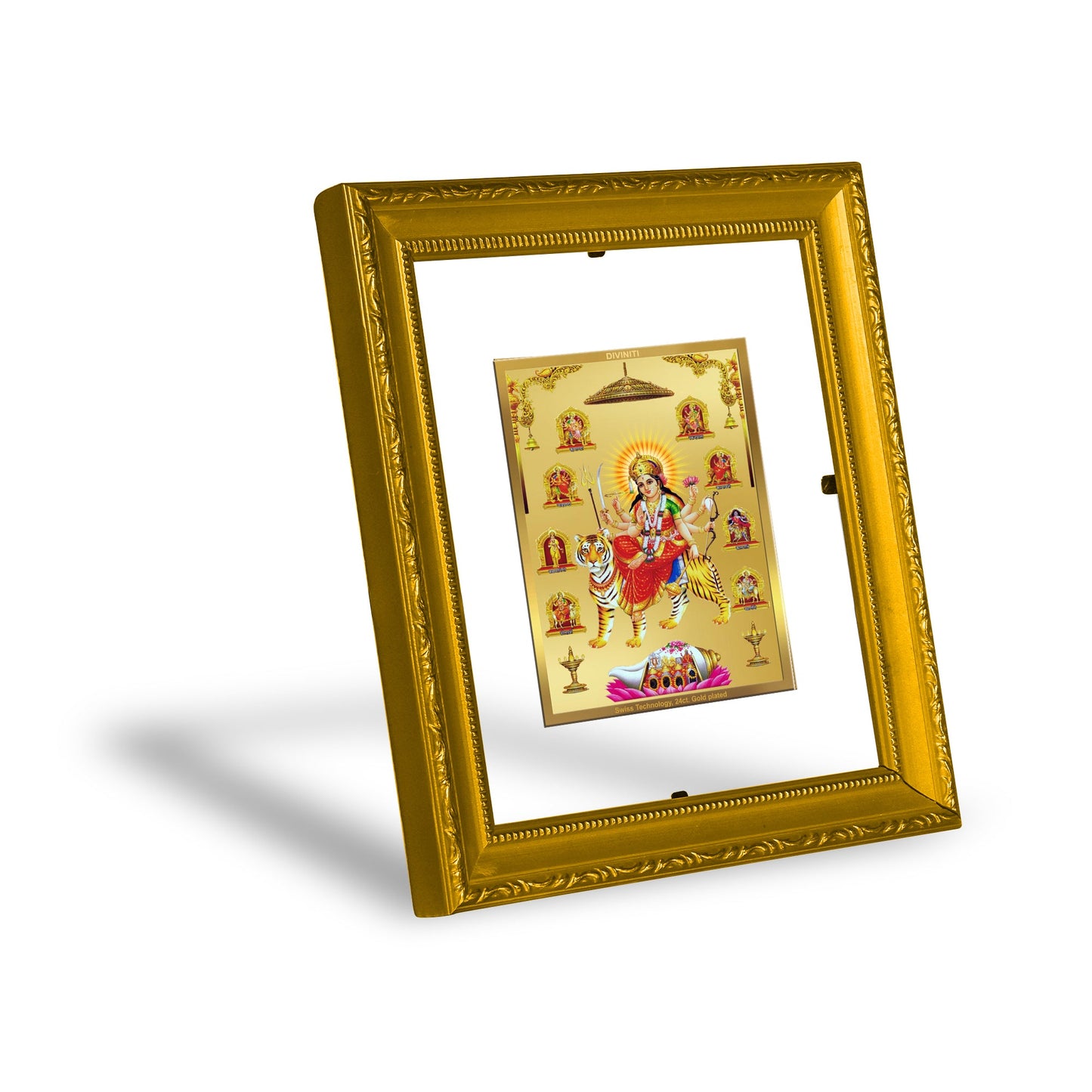 DIVINITI Nav Durga Gold Plated Wall Photo Frame| DG Frame 101 Size 1 Wall Photo Frame and 24K Gold Plated Foil| Religious Photo Frame Idol For Prayer, Gifts Items (15CMX13CM)