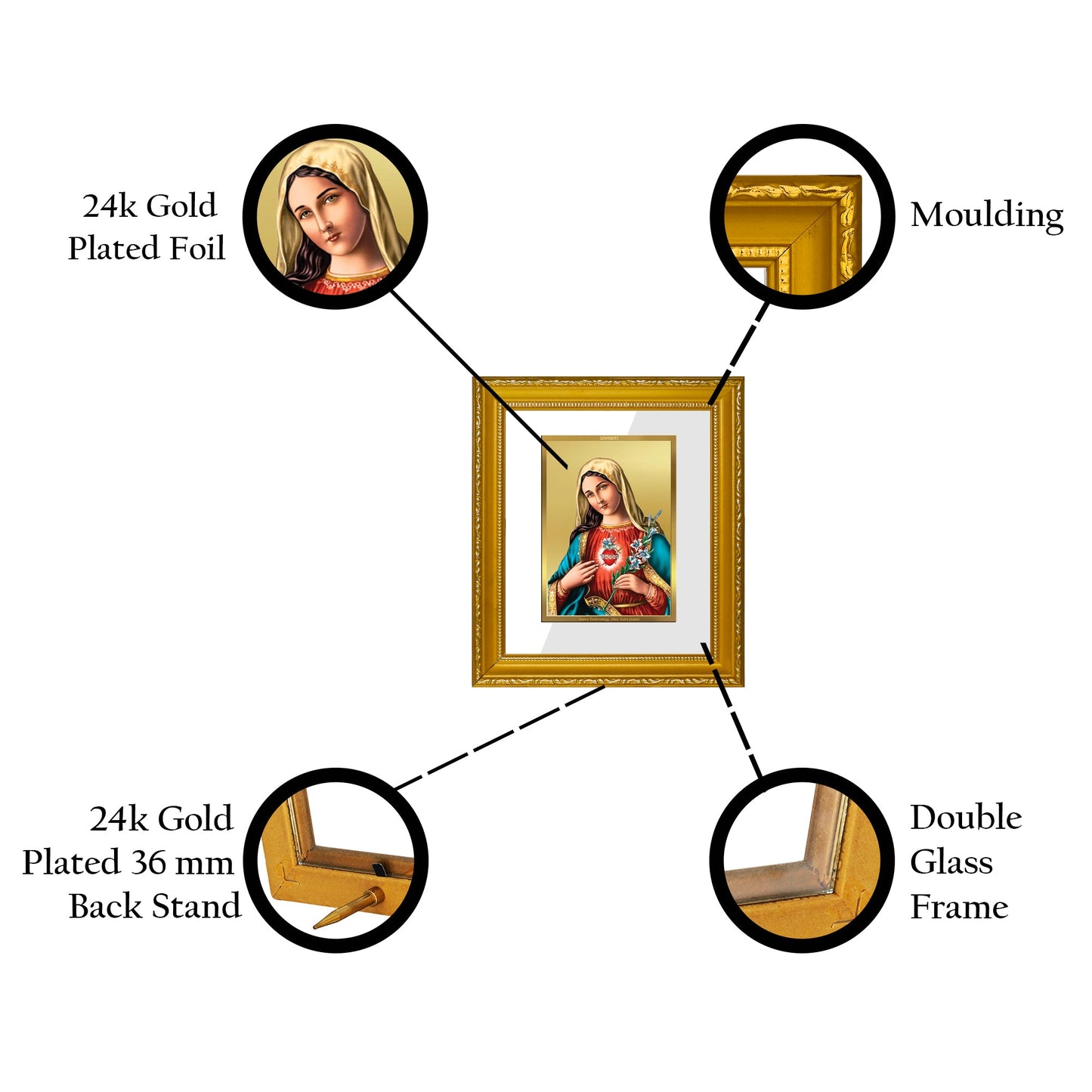 DIVINITI Mother Mary Gold Plated Wall Photo Frame| DG Frame 101 Wall Photo Frame and 24K Gold Plated Foil| Religious Photo Frame Idol For Prayer, Gifts Items (15.5CMX13.5CM)