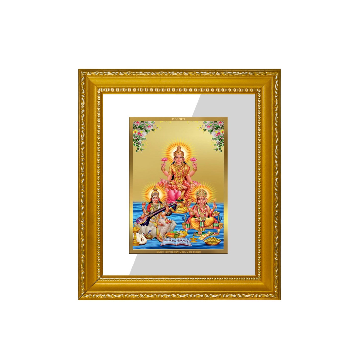 DIVINITI Lakshmi Ganesha Saraswati Gold Plated Wall Photo Frame| DG Frame 101 Wall Photo Frame and 24K Gold Plated Foil| Religious Photo Frame Idol For Prayer, Gifts Items (15.5CMX13.5CM)