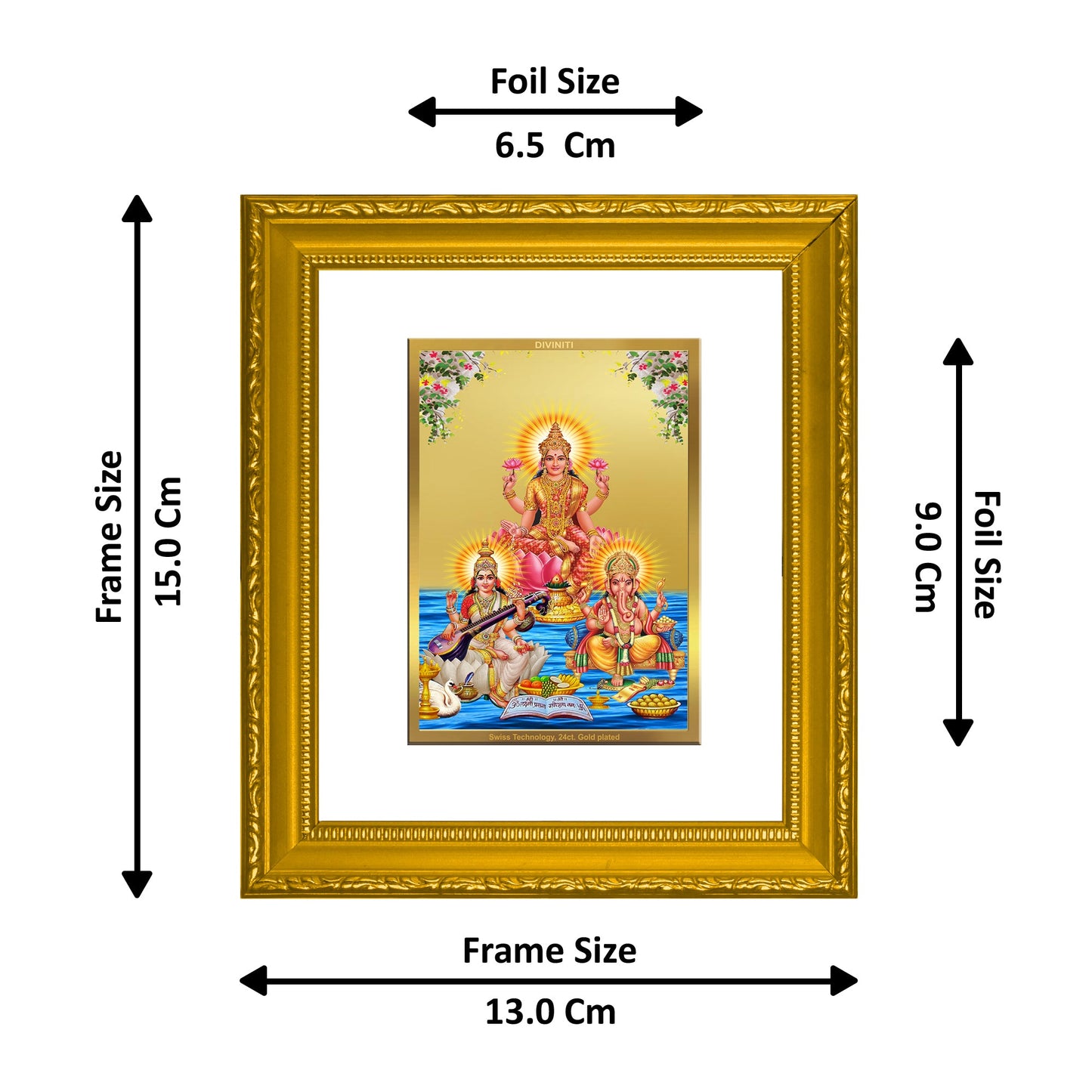 DIVINITI Lakshmi Ganesha Saraswati Gold Plated Wall Photo Frame| DG Frame 101 Wall Photo Frame and 24K Gold Plated Foil| Religious Photo Frame Idol For Prayer, Gifts Items (15.5CMX13.5CM)