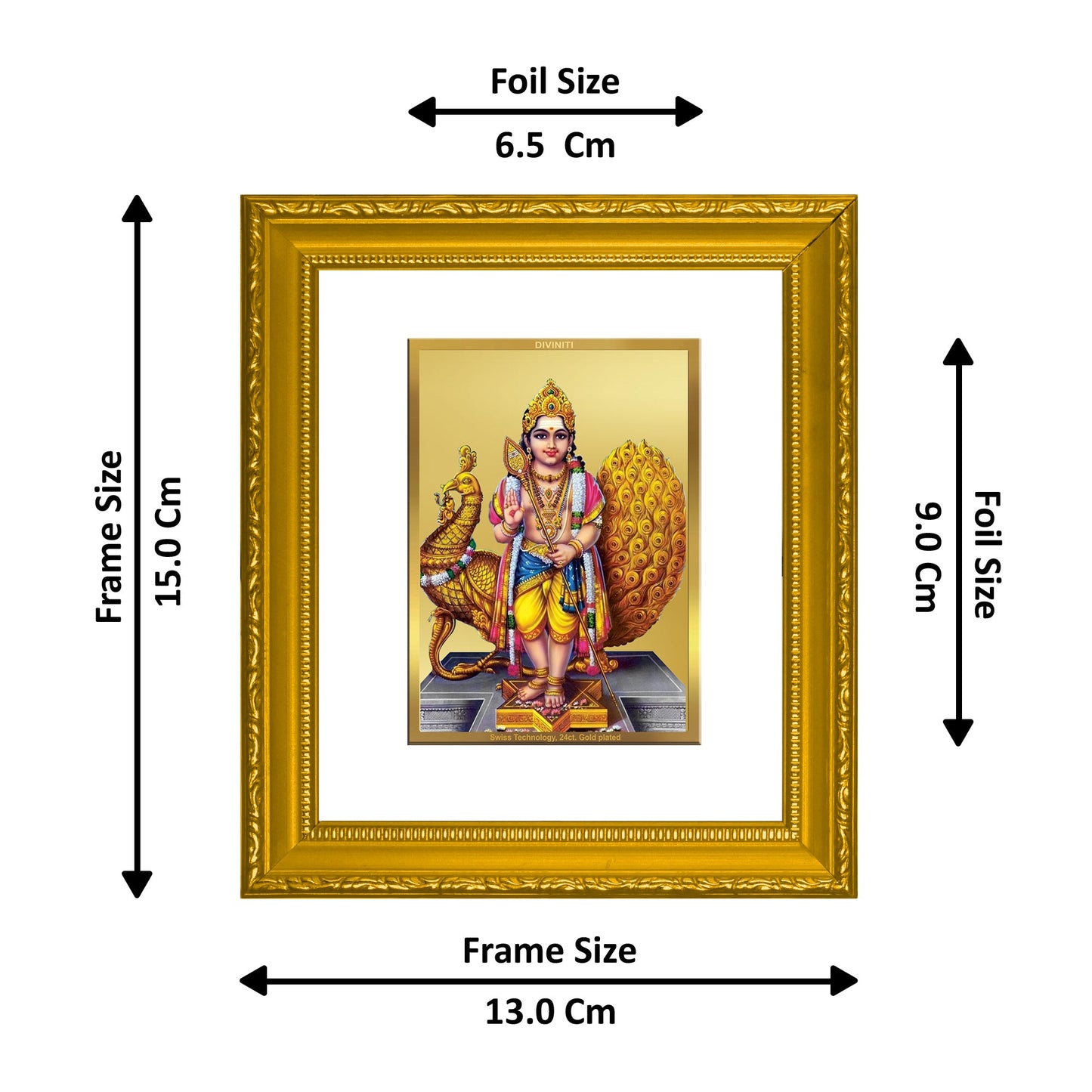 DIVINITI Murugan Gold Plated Wall Photo Frame| DG Frame 101 Wall Photo Frame and 24K Gold Plated Foil| Religious Photo Frame Idol For Prayer, Gifts Items (15.5CMX13.5CM)