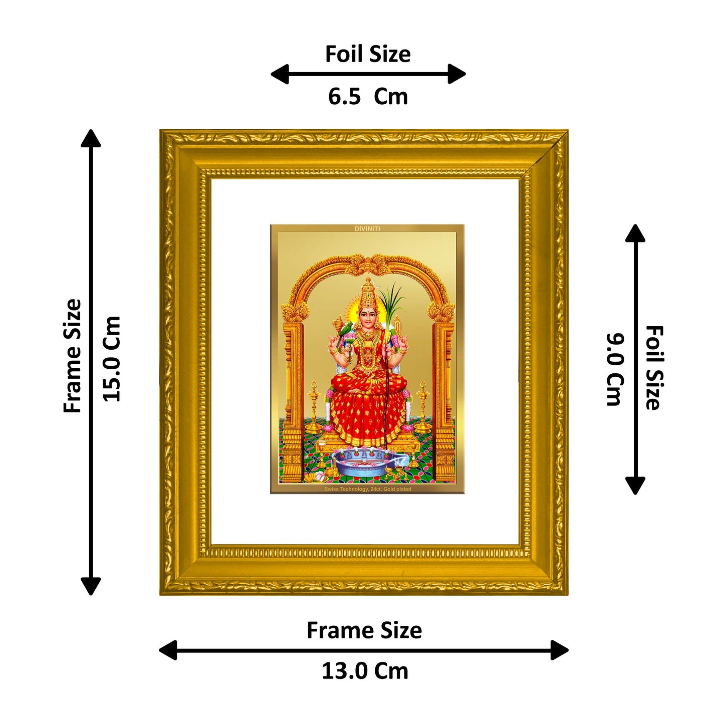 DIVINITI Kanchi Kamakshi Amman Gold Plated Wall Photo Frame| DG Frame 101 Wall Photo Frame and 24K Gold Plated Foil| Religious Photo Frame Idol For Prayer, Gifts Items (15.5CMX13.5CM)