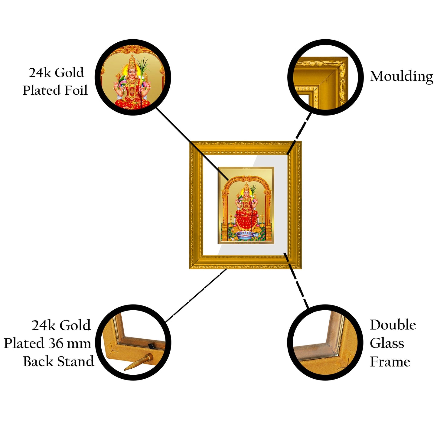 DIVINITI Kanchi Kamakshi Amman Gold Plated Wall Photo Frame| DG Frame 101 Wall Photo Frame and 24K Gold Plated Foil| Religious Photo Frame Idol For Prayer, Gifts Items (15.5CMX13.5CM)