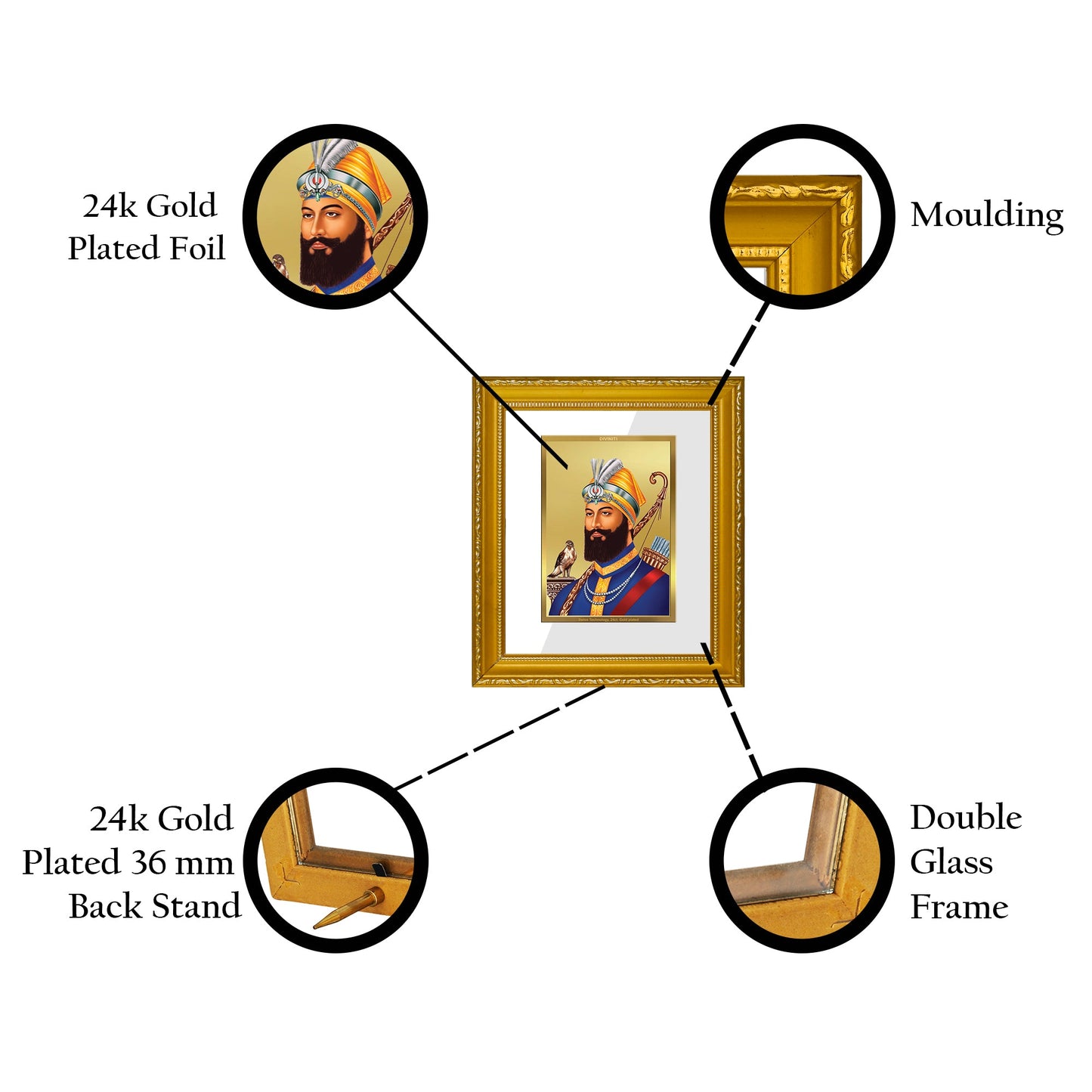 DIVINITI Guru Gobind Singh Gold Plated Wall Photo Frame| DG Frame 101 Wall Photo Frame and 24K Gold Plated Foil| Religious Photo Frame Idol (15.5CMX13.5CM)