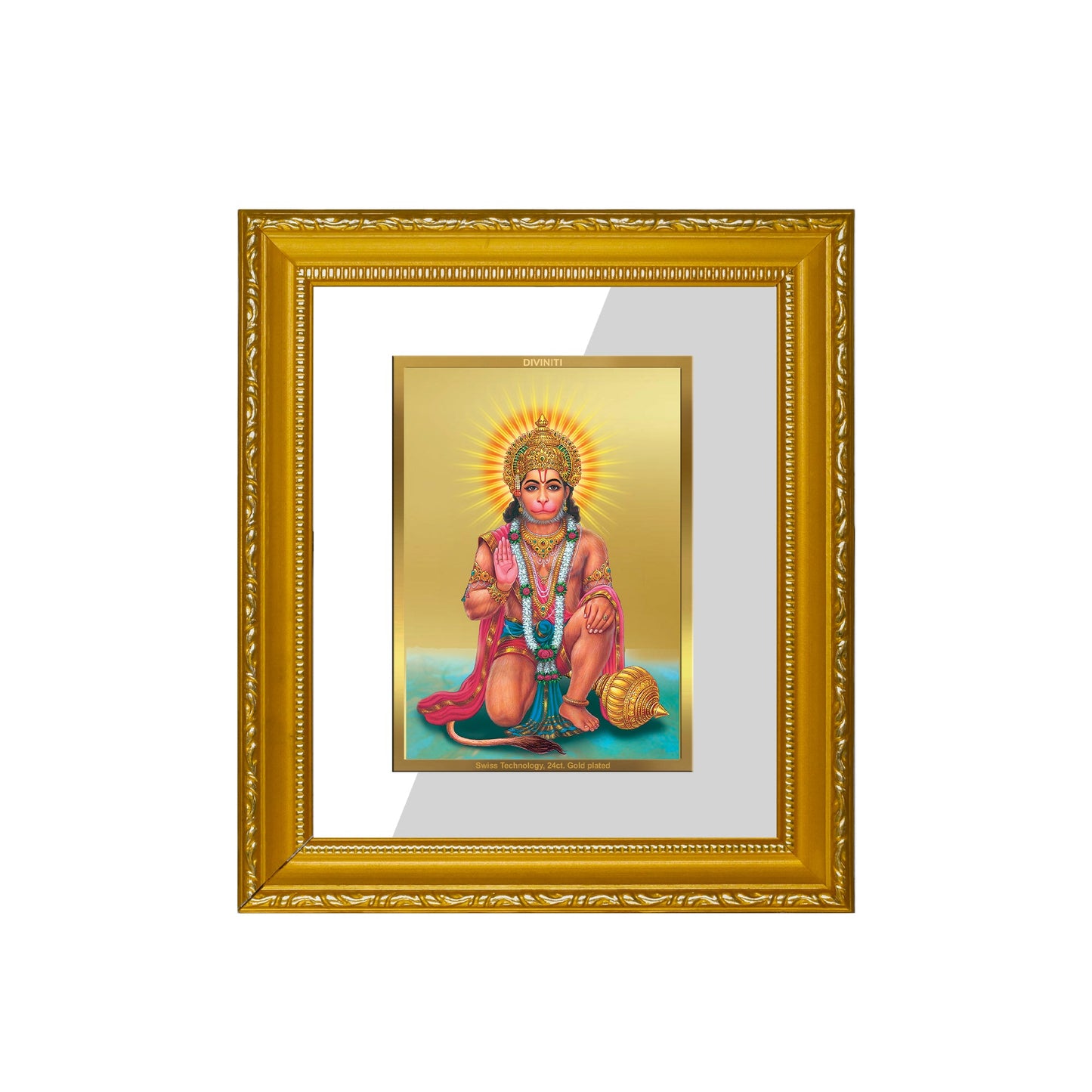 DIVINITI Hanuman-3 Gold Plated Wall Photo Frame| DG Frame 101 Wall Photo Frame and 24K Gold Plated Foil| Religious Photo Frame Idol For Prayer, Gifts Items (15.5CMX13.5CM)