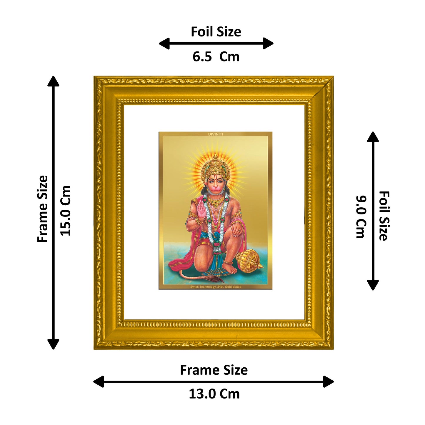 DIVINITI Hanuman-3 Gold Plated Wall Photo Frame| DG Frame 101 Wall Photo Frame and 24K Gold Plated Foil| Religious Photo Frame Idol For Prayer, Gifts Items (15.5CMX13.5CM)