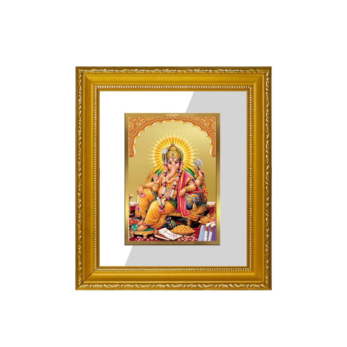 DIVINITI Ganesha Gold Plated Wall Photo Frame| DG Frame 101 Wall Photo Frame and 24K Gold Plated Foil| Religious Photo Frame Idol For Prayer, Gifts Items (15.5CMX13.5CM)