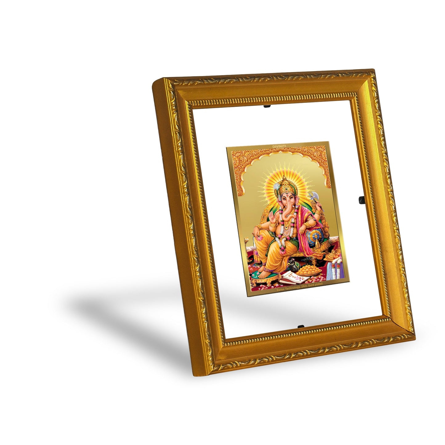 DIVINITI Ganesha Gold Plated Wall Photo Frame| DG Frame 101 Wall Photo Frame and 24K Gold Plated Foil| Religious Photo Frame Idol For Prayer, Gifts Items (15.5CMX13.5CM)