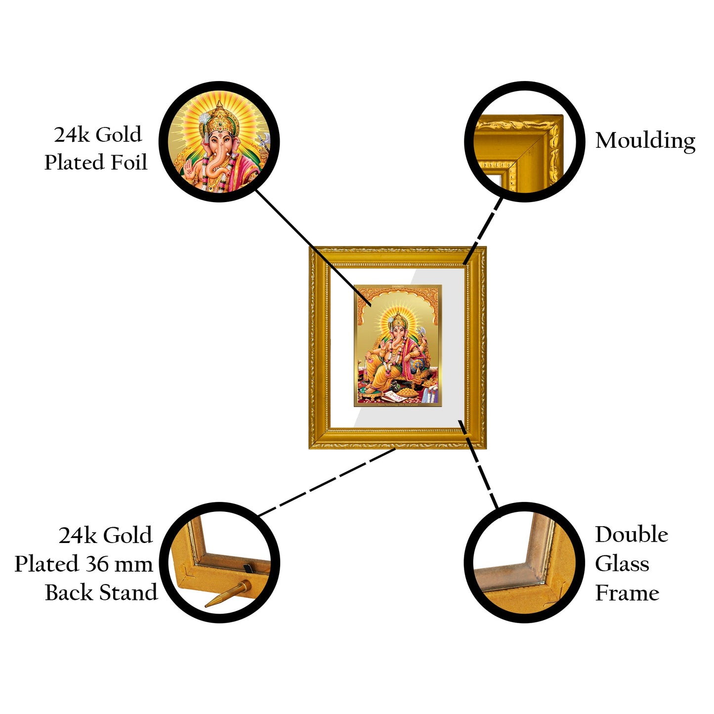 DIVINITI Ganesha Gold Plated Wall Photo Frame| DG Frame 101 Wall Photo Frame and 24K Gold Plated Foil| Religious Photo Frame Idol For Prayer, Gifts Items (15.5CMX13.5CM)