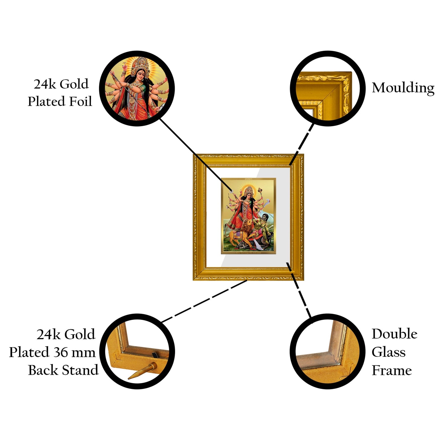 DIVINITI Durga Gold Plated Wall Photo Frame| DG Frame 101 Wall Photo Frame and 24K Gold Plated Foil| Religious Photo Frame Idol For Prayer, Gifts Items (15.5CMX13.5CM)