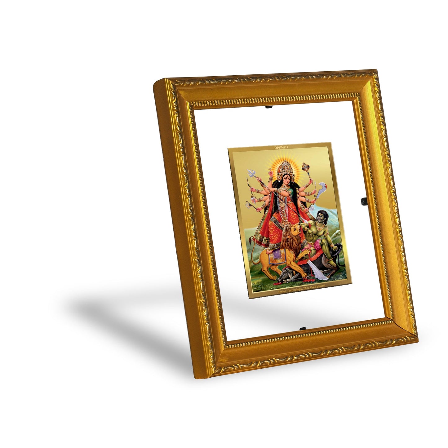 DIVINITI Durga Gold Plated Wall Photo Frame| DG Frame 101 Wall Photo Frame and 24K Gold Plated Foil| Religious Photo Frame Idol For Prayer, Gifts Items (15.5CMX13.5CM)