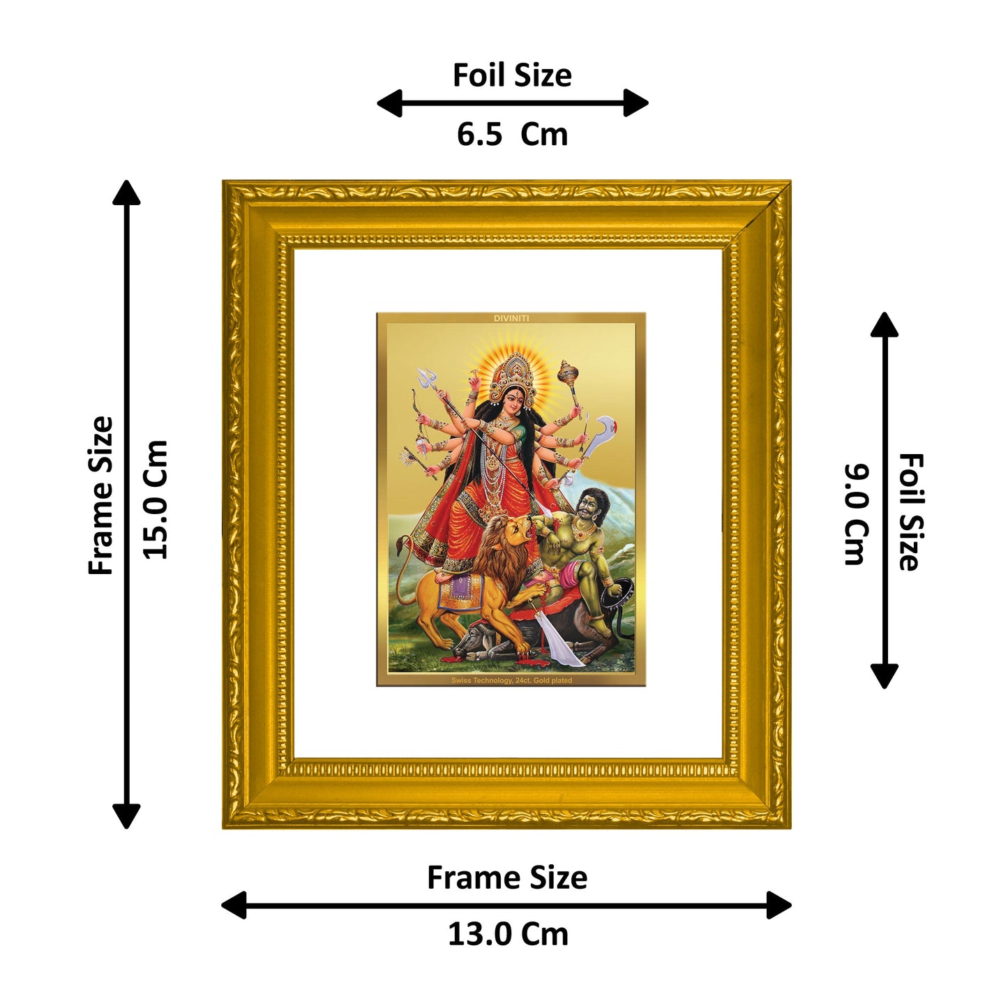 DIVINITI Durga Gold Plated Wall Photo Frame| DG Frame 101 Wall Photo Frame and 24K Gold Plated Foil| Religious Photo Frame Idol For Prayer, Gifts Items (15.5CMX13.5CM)