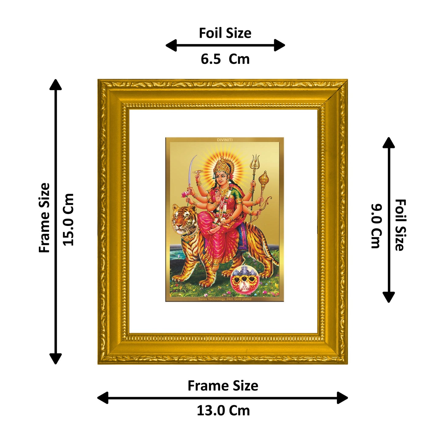 DIVINITI Durga Gold Plated Wall Photo Frame| DG Frame 101 Wall Photo Frame and 24K Gold Plated Foil| Religious Photo Frame Idol For Prayer (15.5CMX13.5CM)