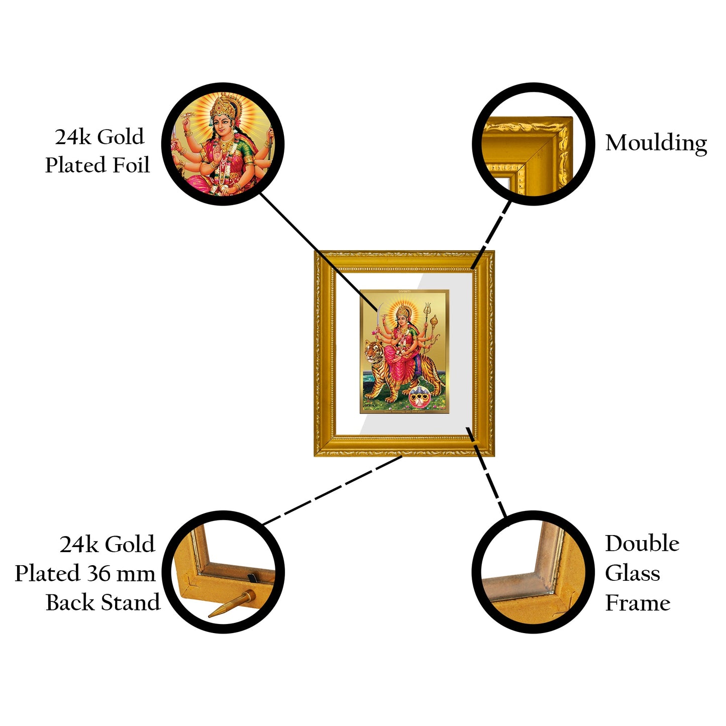 DIVINITI Durga Gold Plated Wall Photo Frame| DG Frame 101 Wall Photo Frame and 24K Gold Plated Foil| Religious Photo Frame Idol For Prayer (15.5CMX13.5CM)