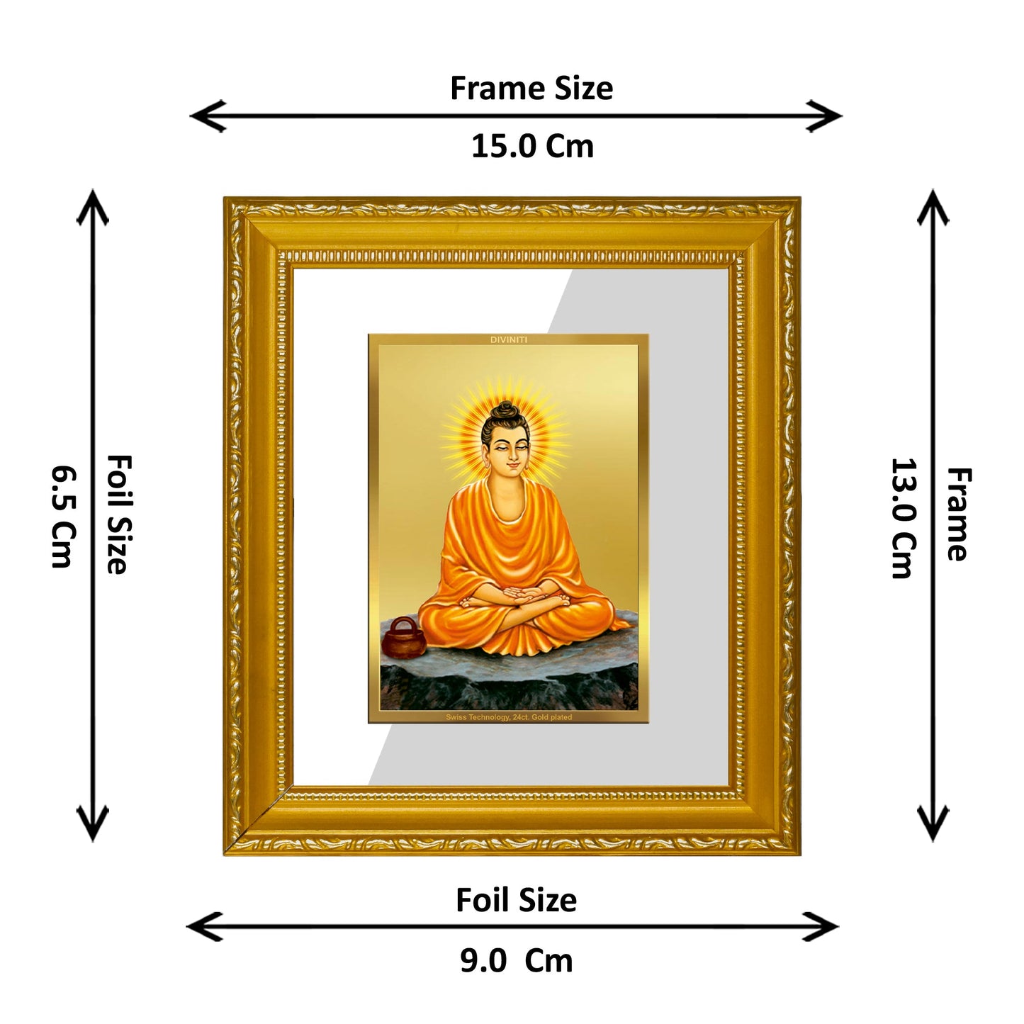 DIVINITI Buddha Gold Plated Wall Photo Frame| DG Frame 101 Wall Photo Frame and 24K Gold Plated Foil| Religious Photo Frame Idol For Prayer, Gifts Items (15.5CMX13.5CM)