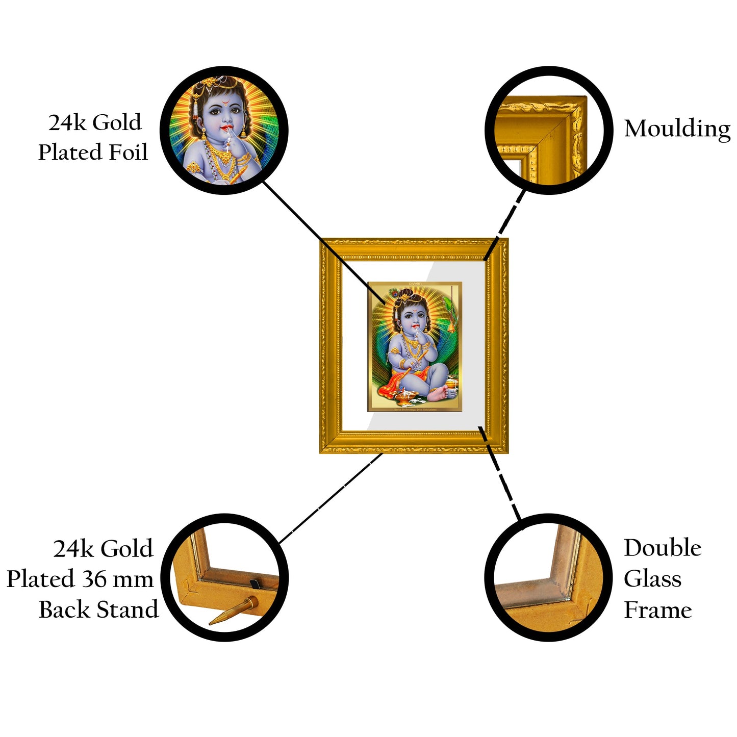 DIVINITI Bal Gopal Gold Plated Wall Photo Frame| DG Frame 101 Wall Photo Frame and 24K Gold Plated Foil| Religious Photo Frame (15.5CMX13.5CM)