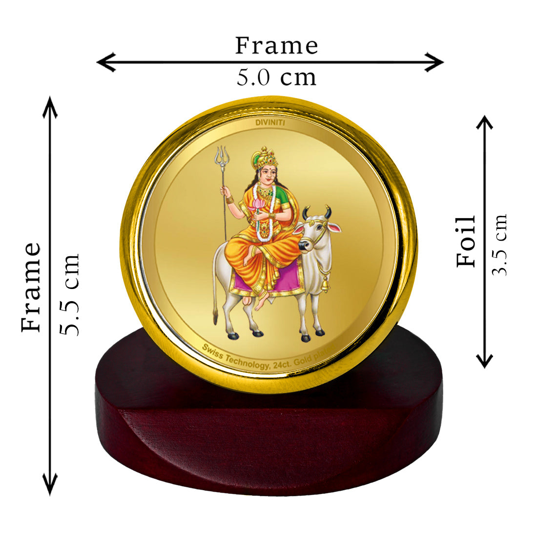 Diviniti 24K Gold Plated Shailputri Mata Frame For Car Dashboard, Home Decor, Festival Gift & Puja Room (5.5 x 5.0 CM)