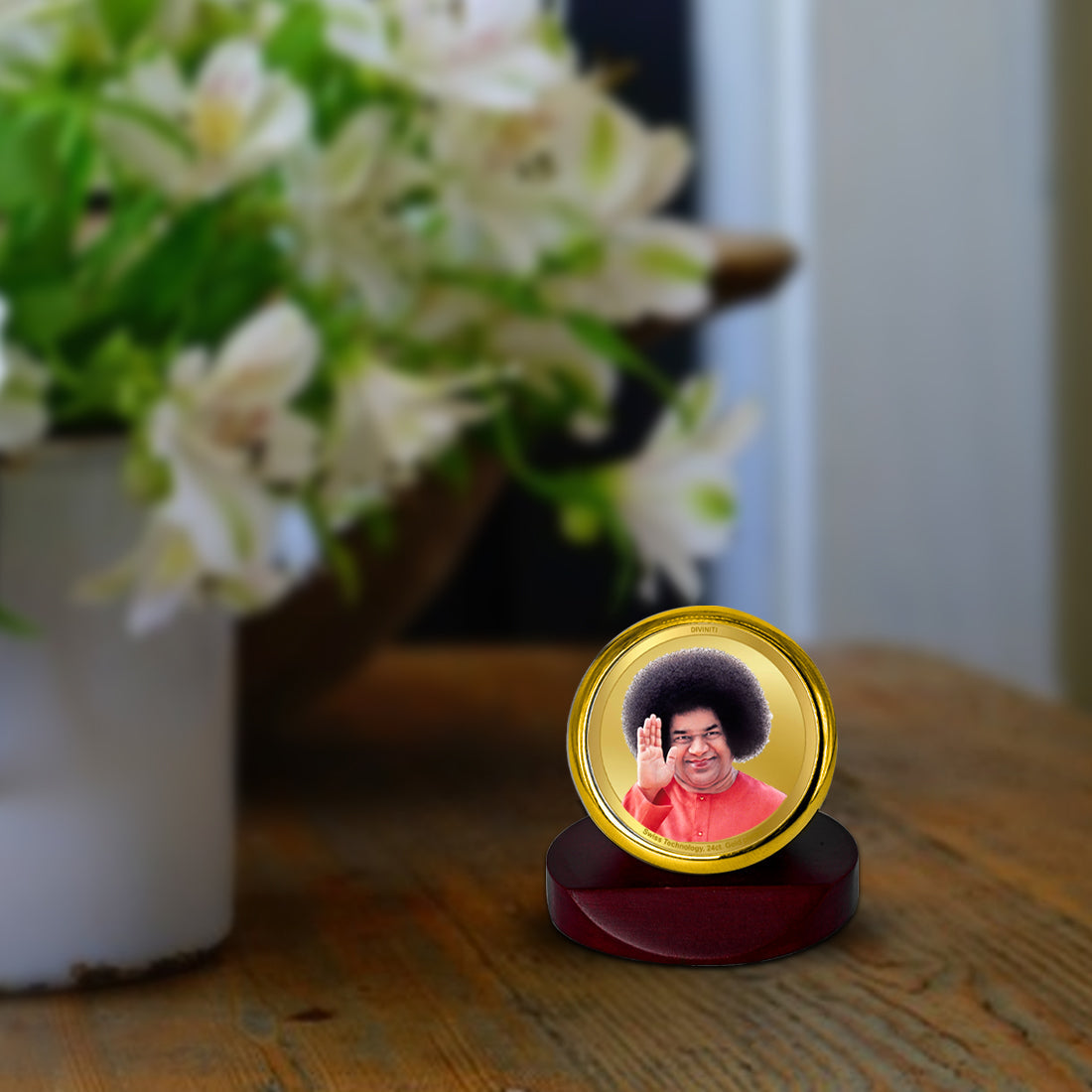 Diviniti 24K Gold Plated Sathya Sai Baba Frame For Car Dashboard, Home Decor, Table & Gift (5.5 x 5.0 CM)