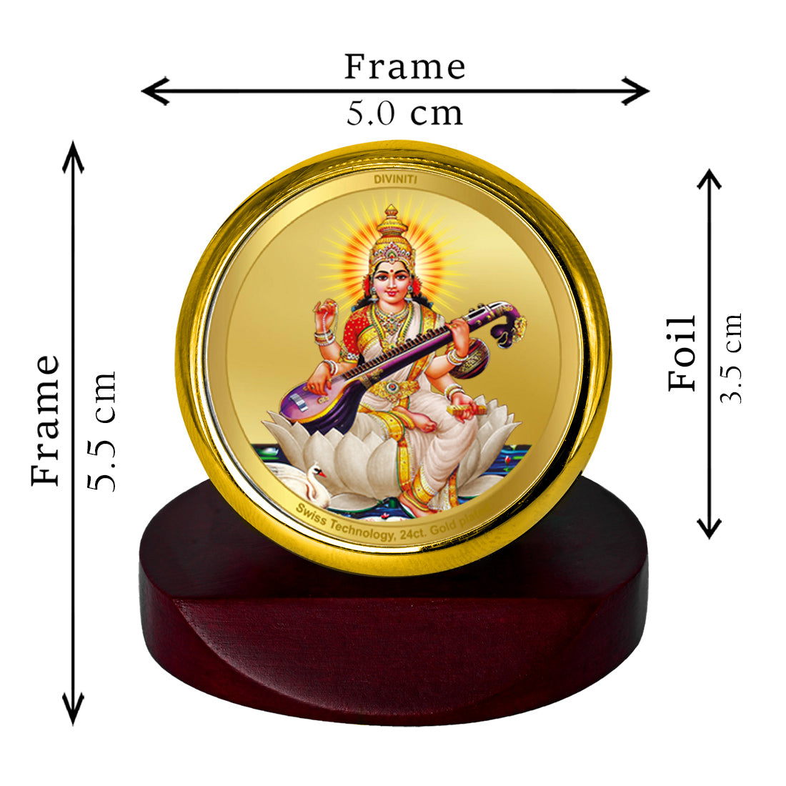 DIVINITI 24K Gold Plated Saraswati Mata Photo Frame For Home Decor, Tabletop, Puja (5.0 X 5.5 CM)