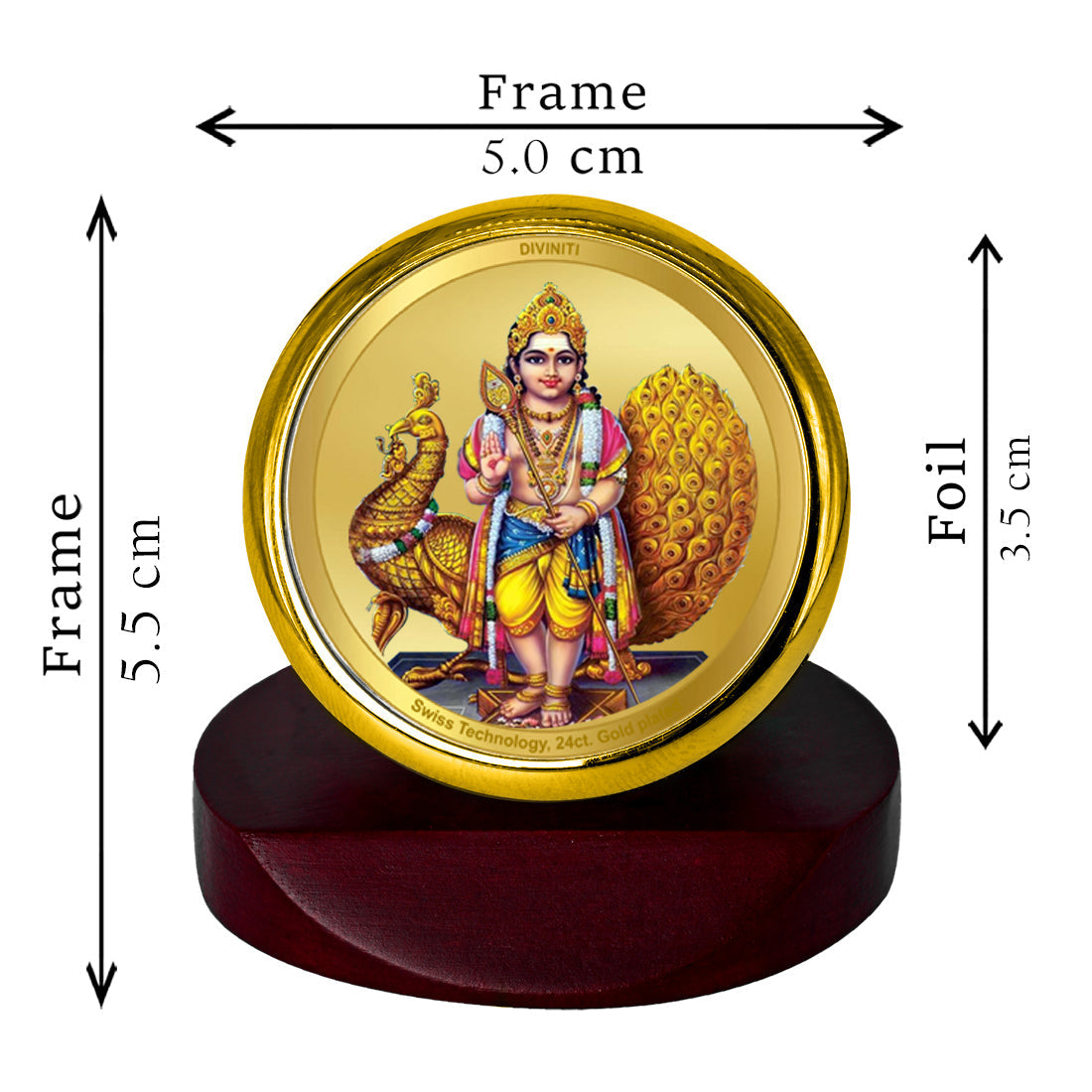 Diviniti 24K Gold Plated Murugan Frame For Car Dashboard, Home Decor, Table, Worship (5.5 x 5.0 CM)