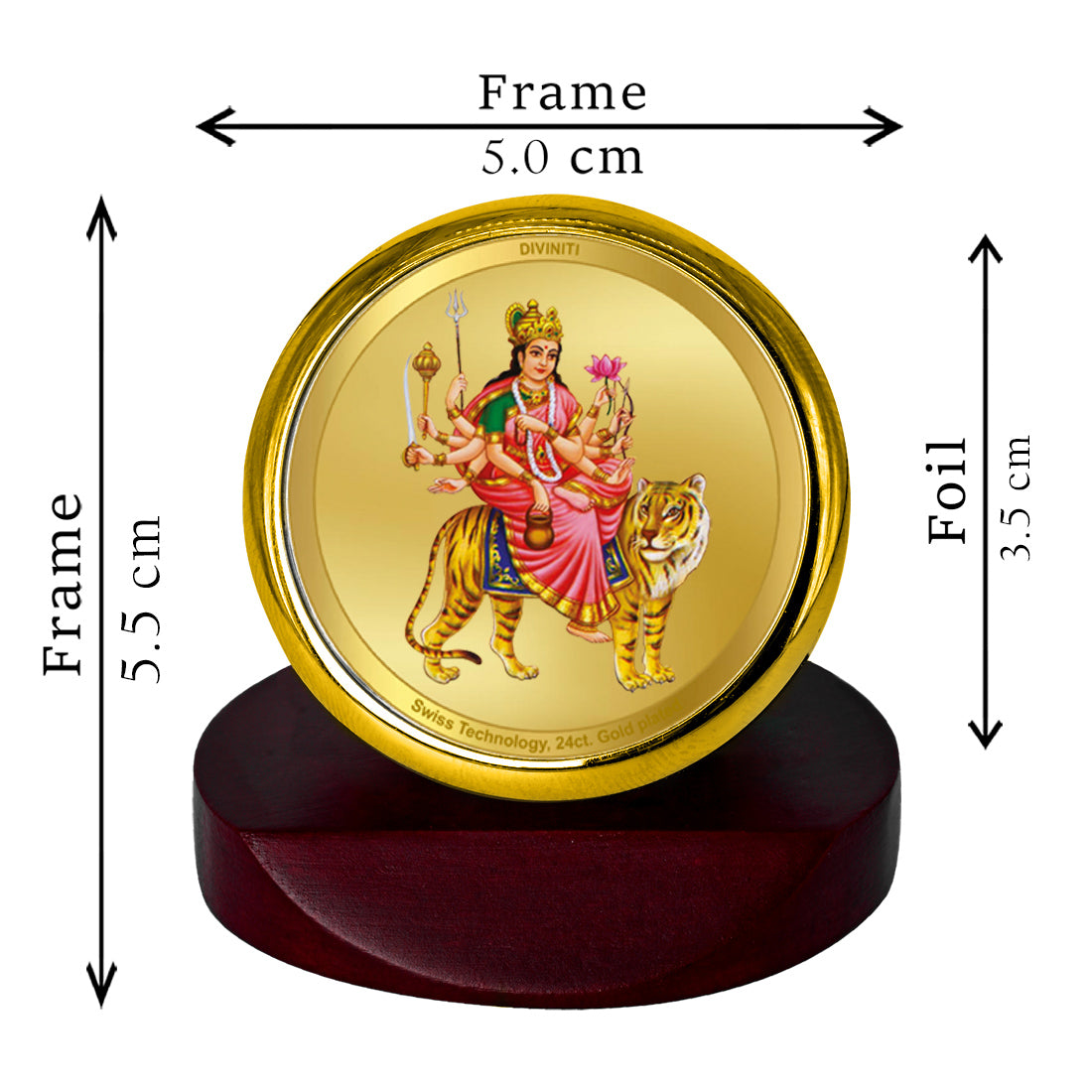 Diviniti 24K Gold Plated Kushmanda Mata Frame For Car Dashboard, Festival Gift, Worship & Puja Room (5.5 x 5.0 CM)