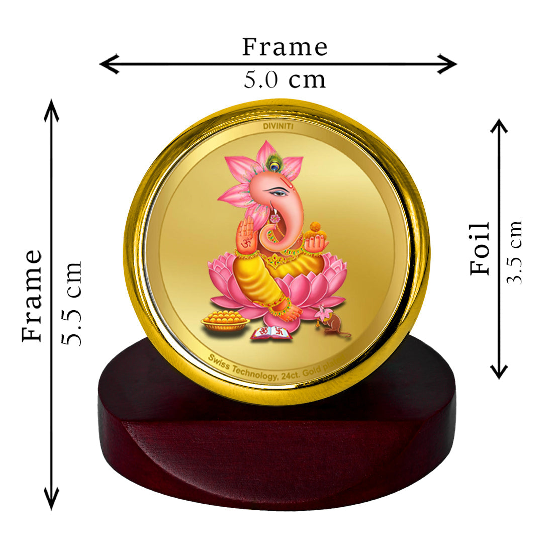 Diviniti 24K Gold Plated Ganesha Frame For Car Dashboard, Home Decor, Table Top, Worship (5.5 x 5.0 CM)