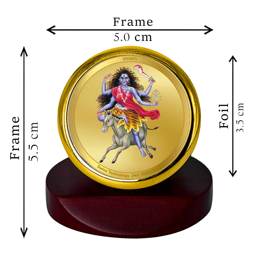 Diviniti 24K Gold Plated Kaalratri Mata Frame For Car Dashboard, Festival Gift, Puja Room & Worship (5.5 x 5.0 CM)