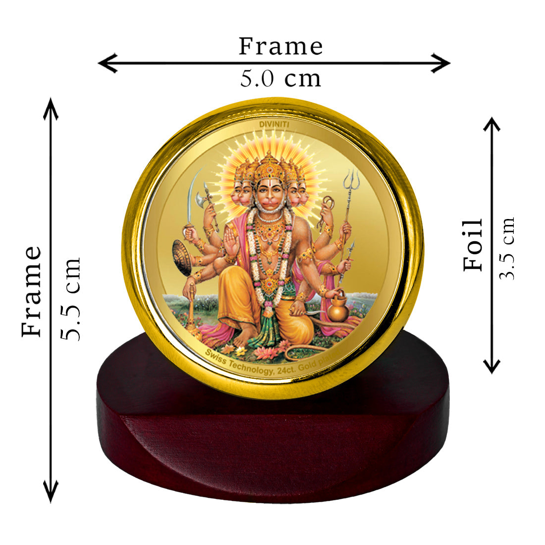 Diviniti 24K Gold Plated Panchmukhi Hanuman Frame For Car Dashboard, Home Decor, Worship (5.5 x 5.0 CM)