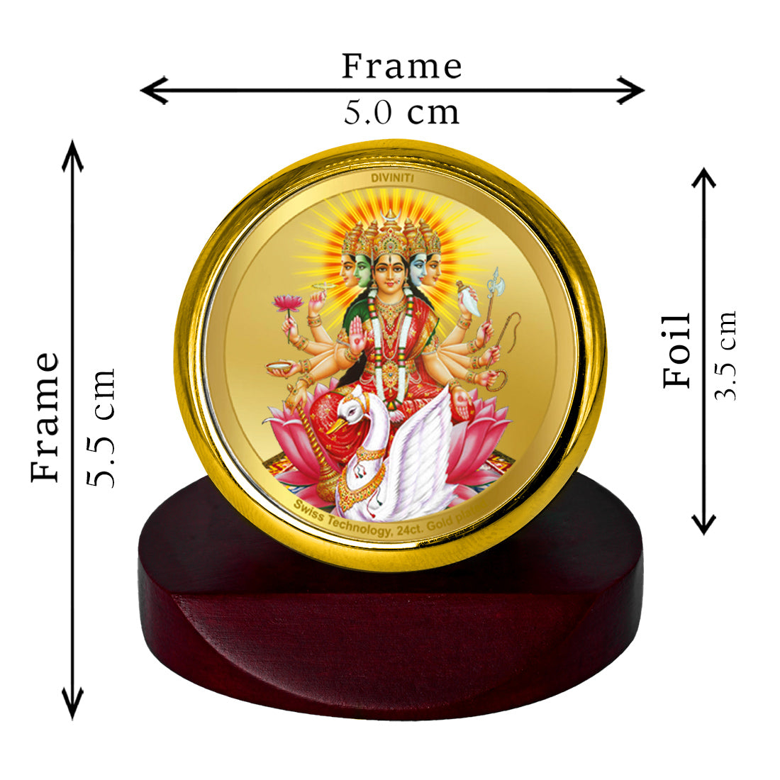 Diviniti 24K Gold Plated Gayatri Mata Frame For Car Dashboard, Home Decor, Table Top, Puja, Gift (5.5 x 5.0 CM)