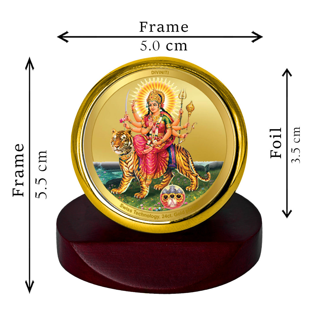 Diviniti 24K Gold Plated Durga Ji Frame For Car Dashboard, Home Decor, Puja Room (5.5 x 5.0 CM)