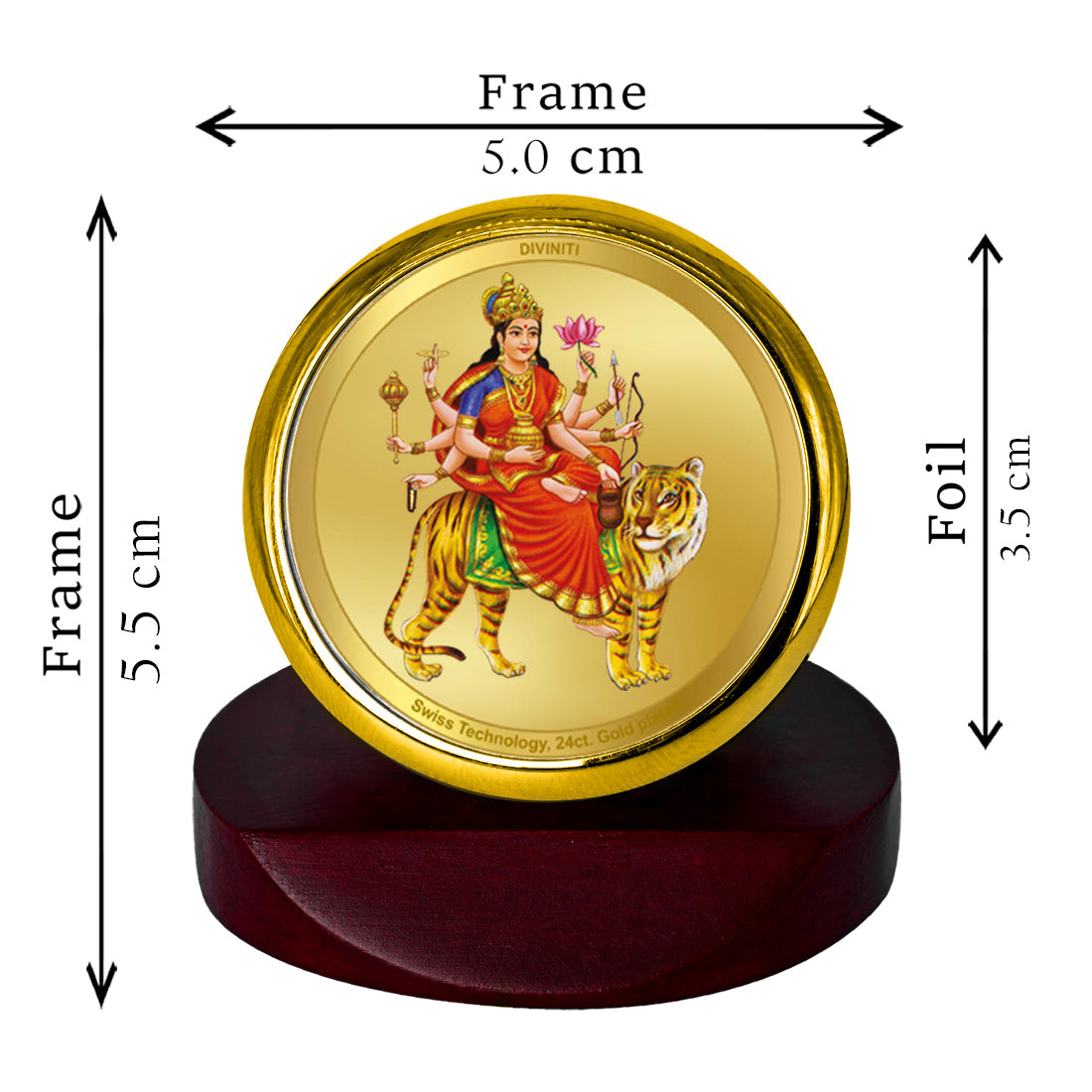 Diviniti 24K Gold Plated Chandraghanta Mata Frame For Car Dashboard, Festival Gift, Worship & Puja Room (5.5 x 5.0 CM)