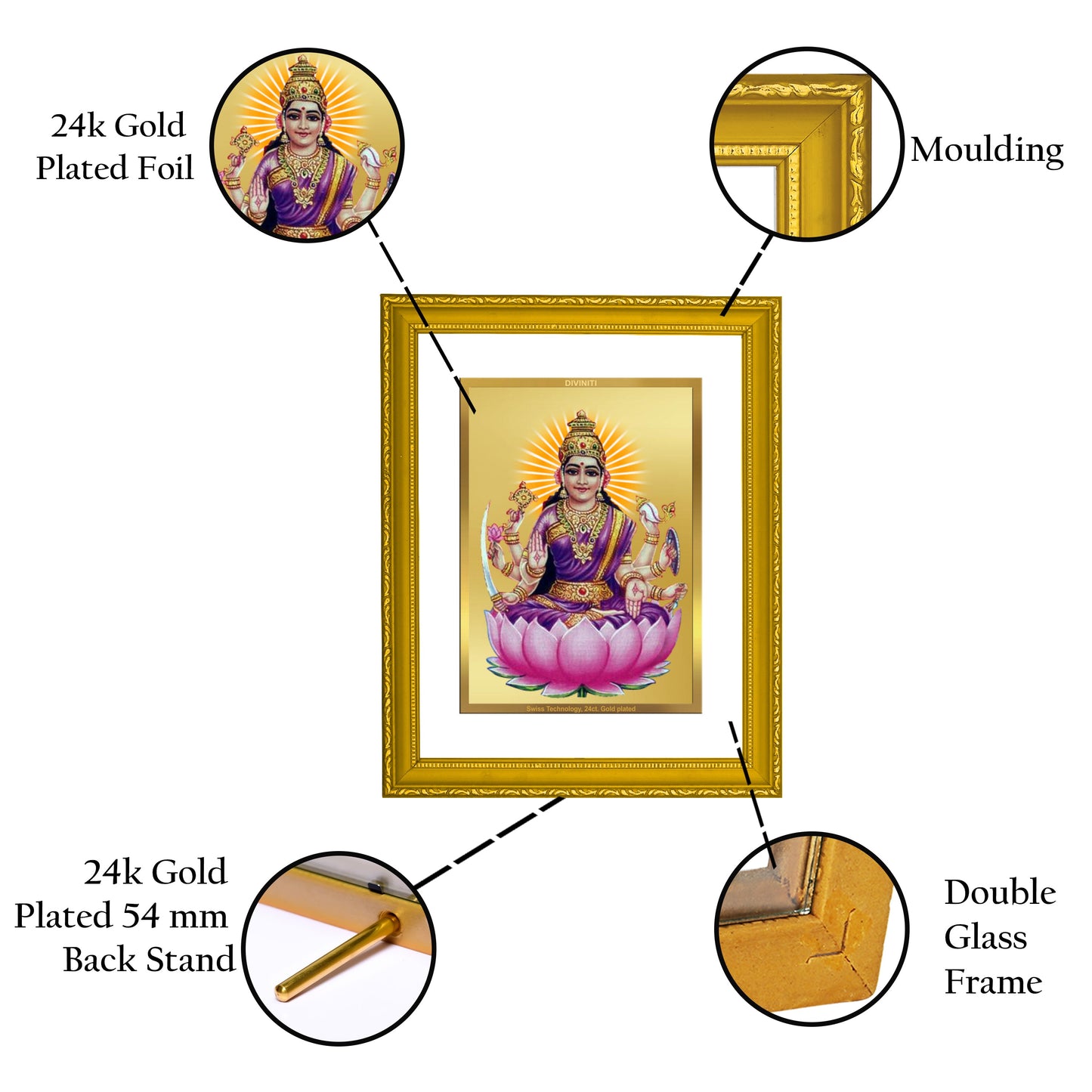 Diviniti 24K Gold Plated Vijaya Lakshmi Photo Frame For Home Decor, Table, Wall Decor, Prayer, Gift (20.8 x 16.7 CM)