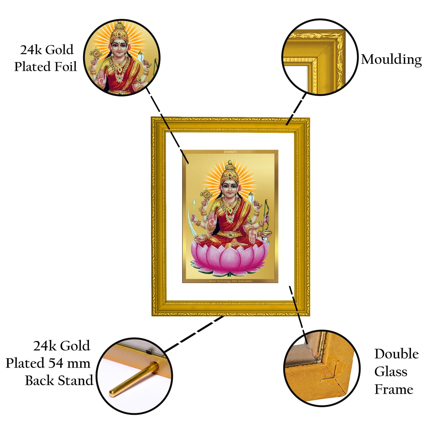 Diviniti 24K Gold Plated Veer Laxmi Photo Frame For Home Decor, Wall Hanging, Table, Worship (20.8 x 16.7 CM)