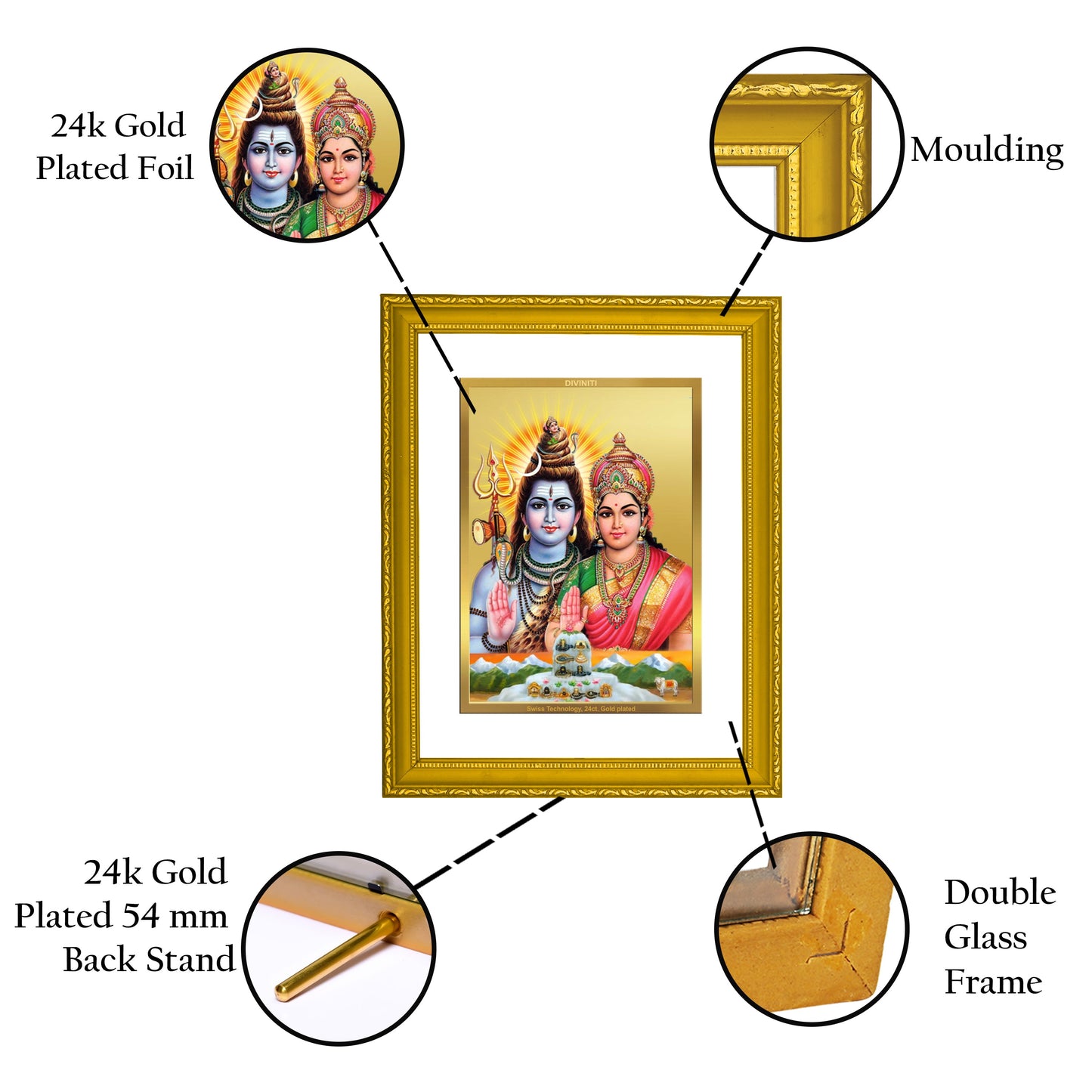 Diviniti 24K Gold Plated Shiva Parvati Photo Frame For Home Decor, Wall Hanging, Table, Puja, Gift (20.8 x 16.7 CM)