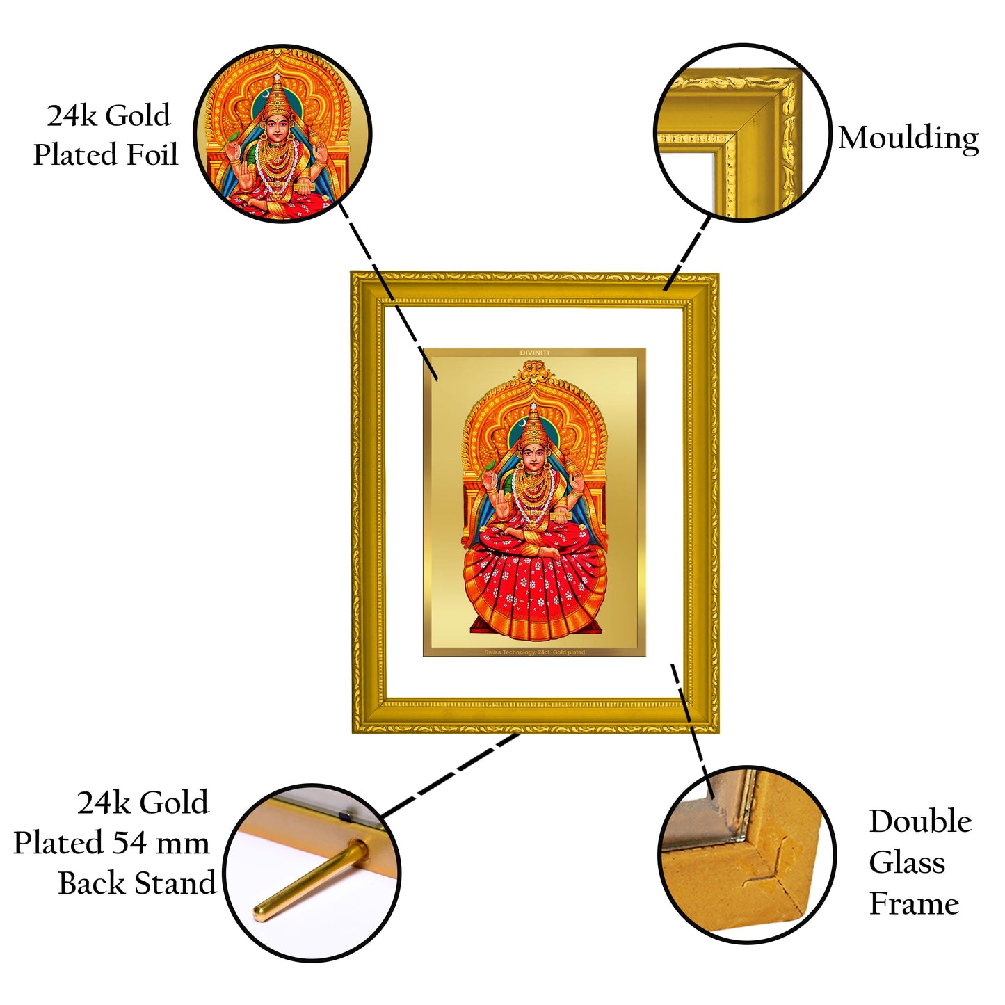 Diviniti 24K Gold Plated Sharda Mata Photo Frame For Home Decor, Wall Hanging, Table Top, Gift (20.8 x 16.7 CM)