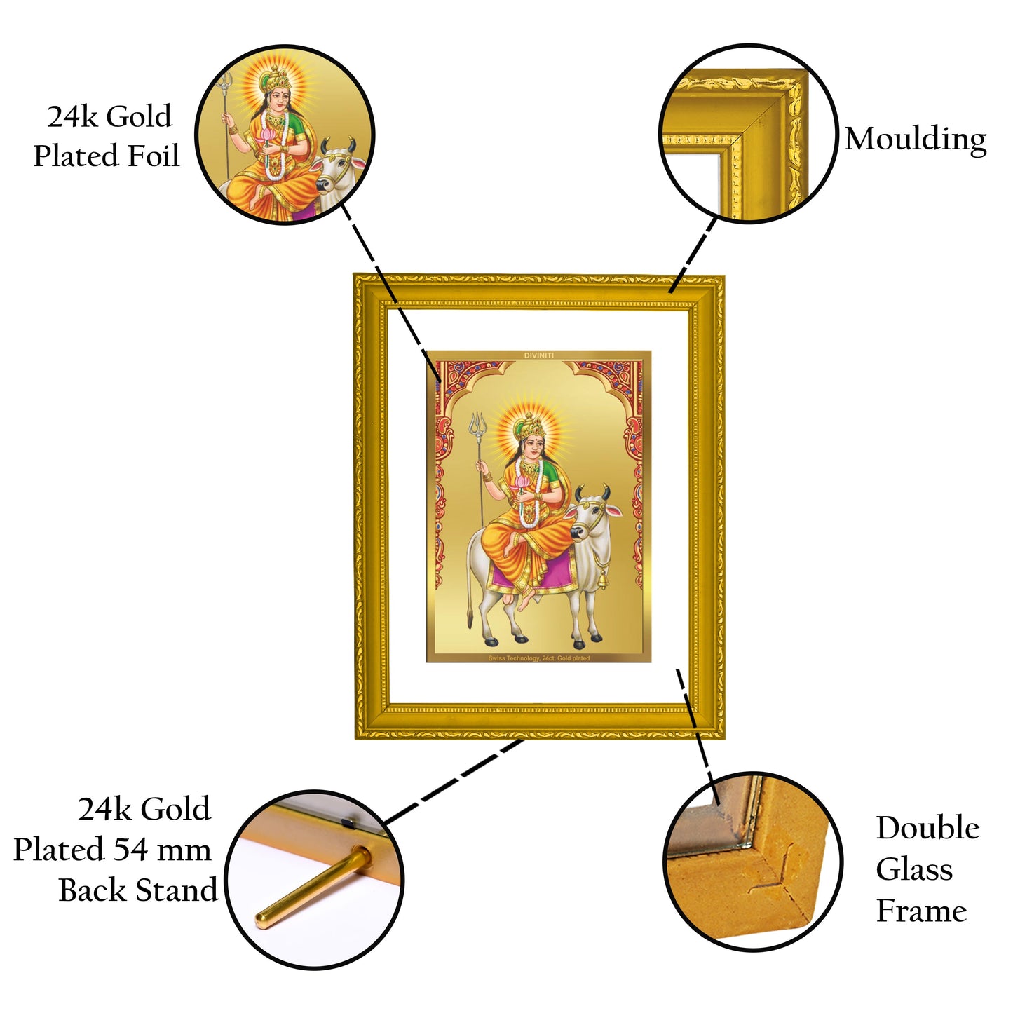 Diviniti 24K Gold Plated Shailputri Mata Photo Frame For Home Decor, Wall Decor, Table, Worship, Gift (20.8 x 16.7 CM)