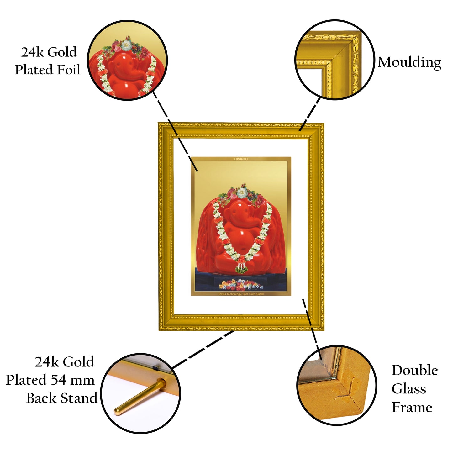 DIVINITI Ganesha Gold Plated Wall Photo Frame| DG Frame 101 Size 2 Wall Photo Frame and 24K Gold Plated Foil| Religious Photo Frame For Gifts Items (20.8CMX16.7CM)