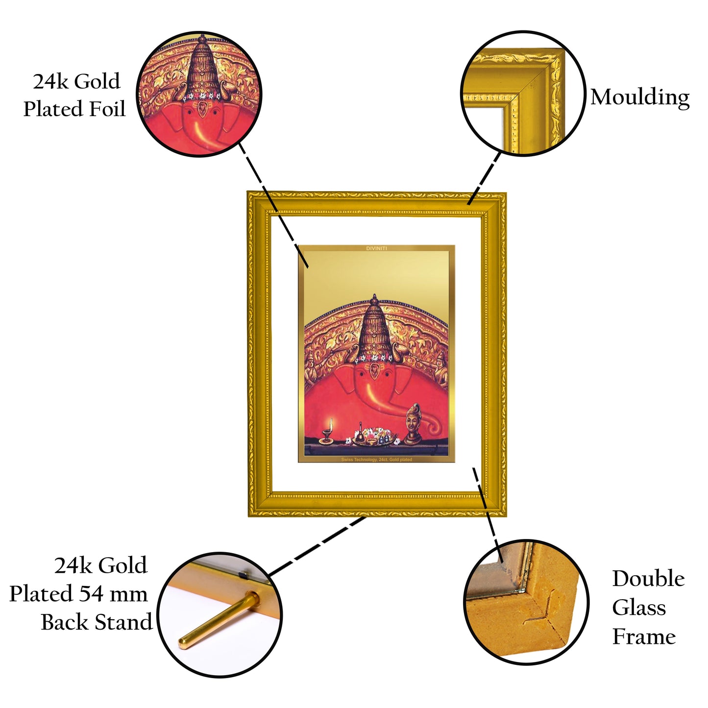 DIVINITI Ganesha Gold Plated Wall Photo Frame| DG Frame 101 Size 2 Wall Photo Frame and 24K Gold Plated Foil| Religious Photo Frame Idol For Gifts Items (20.8CMX16.7CM)