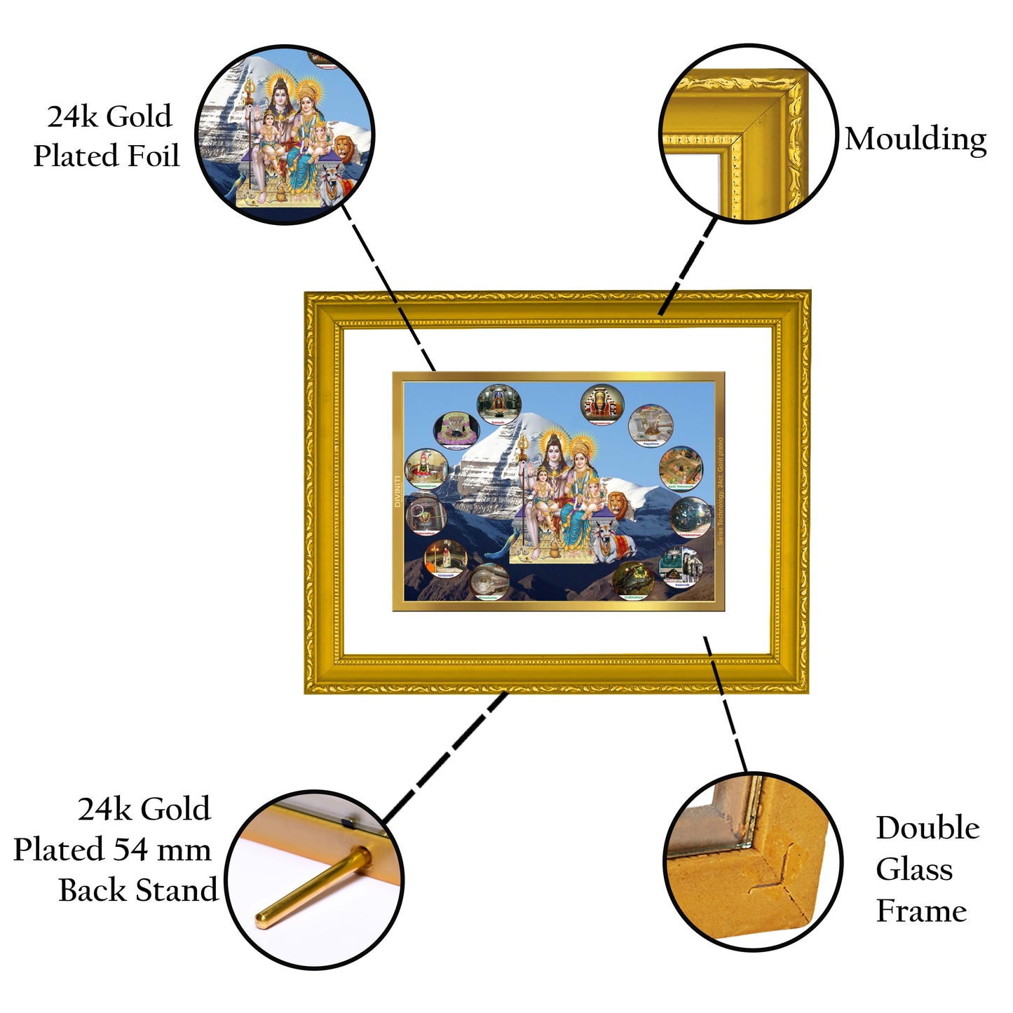 Diviniti 24K Gold Plated Shiv Parivar Photo Frame For Home Decor, Wall Hanging, Table, Puja, Gift (20.8 x 16.7 CM)