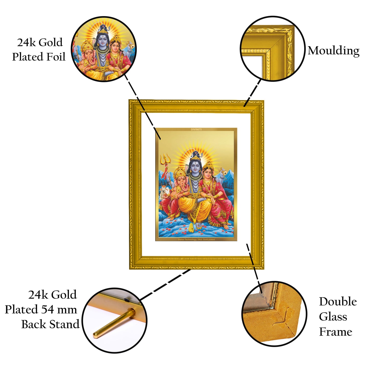 Diviniti 24K Gold Plated Shiv Parivar Photo Frame For Home Decor, Wall Decor, Table Top, Puja (20.8 x 16.7 CM)