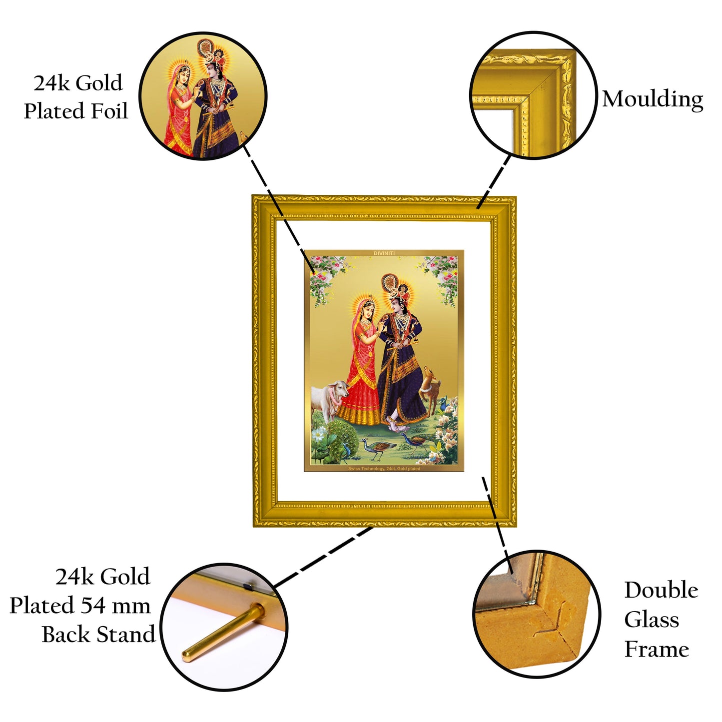 Diviniti 24K Gold Plated Radha Krishna Photo Frame For Home Décor, Wall Hanging, Table, Puja, Gift (20.8 x 16.7 CM)