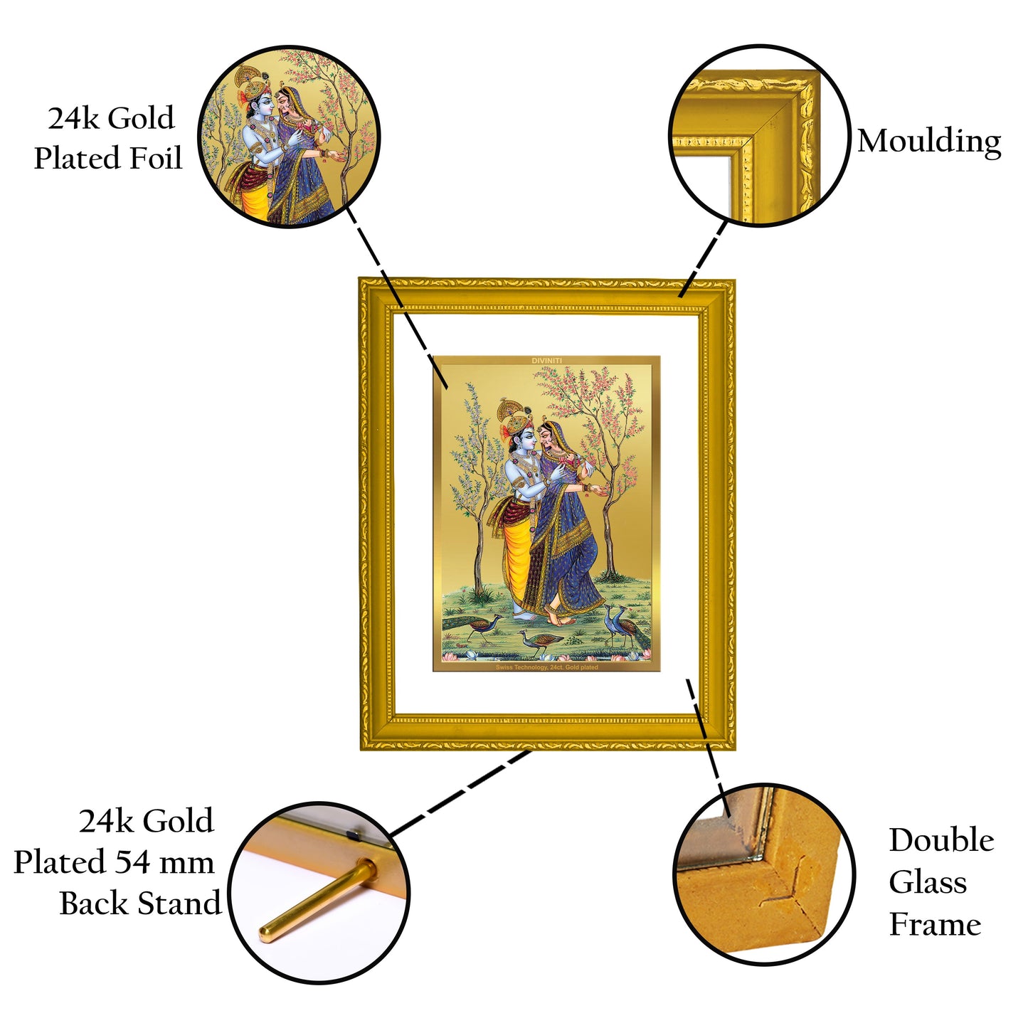 Diviniti 24K Gold Plated Radha Krishna Photo Frame For Home Decor, Table Top, Wall Hanging, Puja, Gift (20.8 x 16.7 CM)