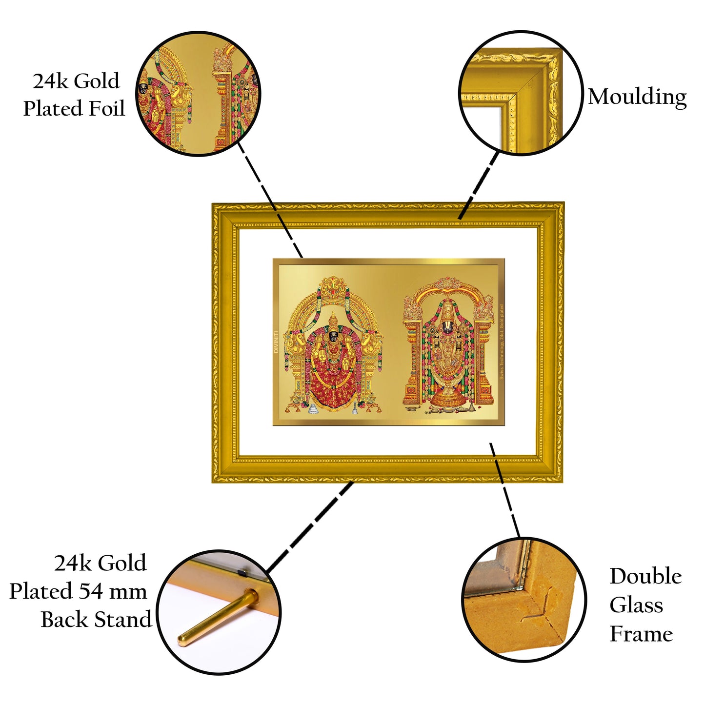 Diviniti 24K Gold Plated Padmavathi Balaji Photo Frame For Home Decor, Table, Wall Decor, Worship, Gift (20.8 x 16.7 CM)