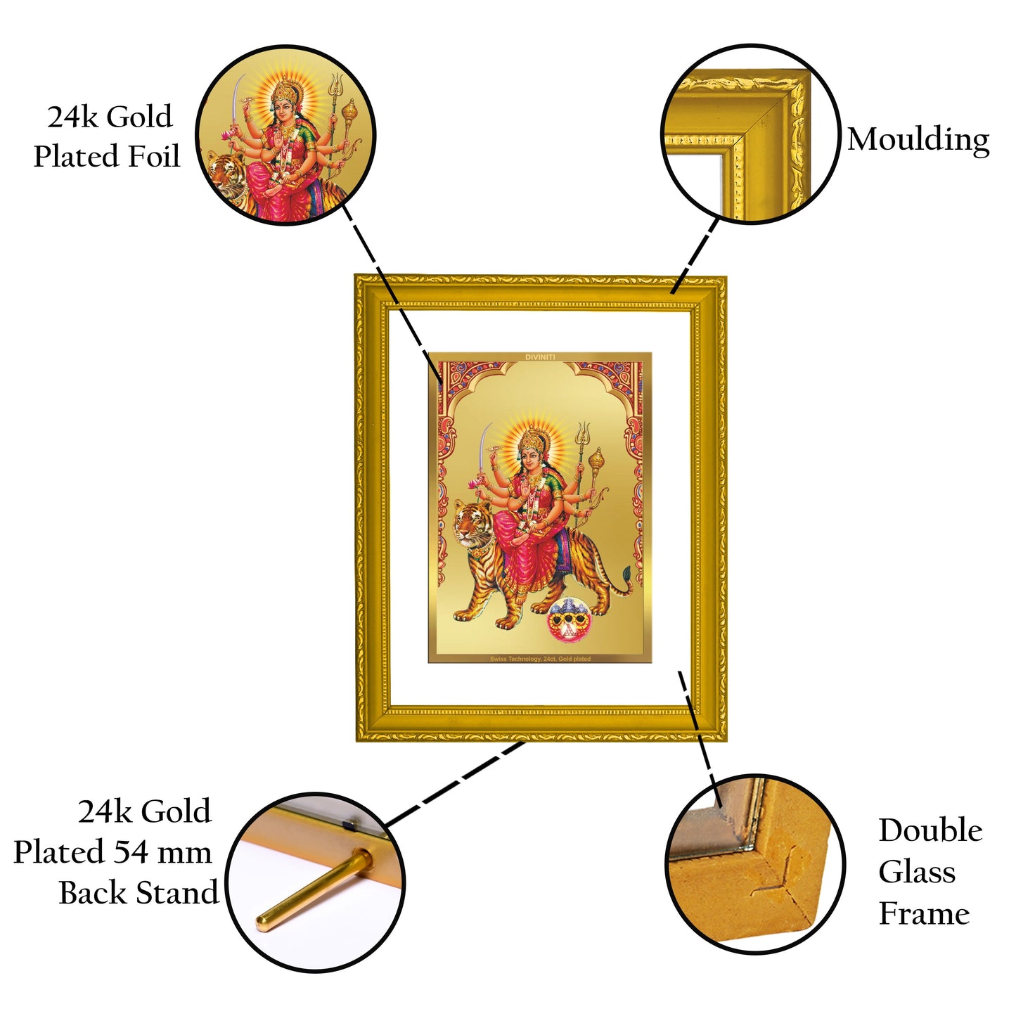 Diviniti 24K Gold Plated Siddhidatri Mata Photo Frame For Home Decor, Wall Hanging, Table, Puja Room (20.8 x 16.7 CM)