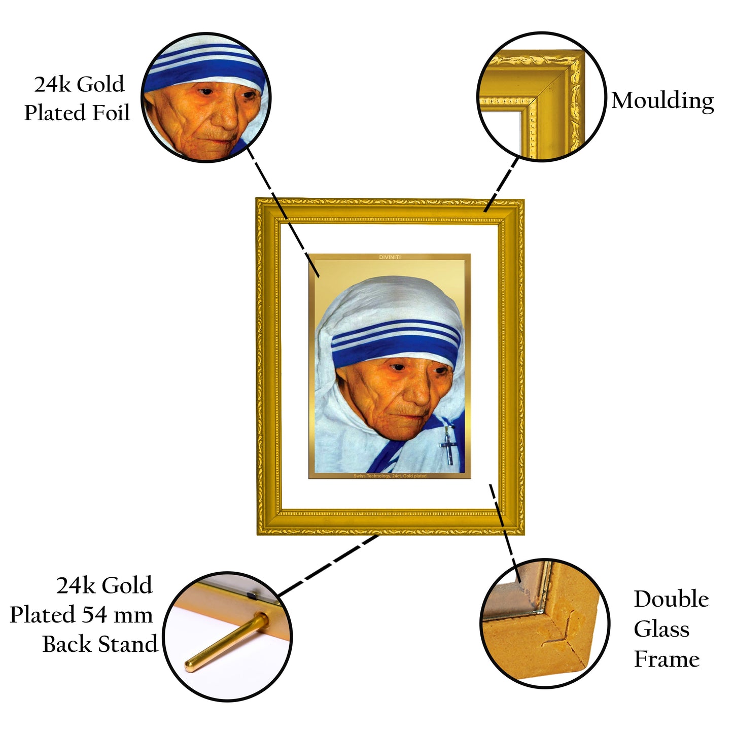 DIVINITI Mother Teresa Gold Plated Wall Photo Frame| DG Frame 101 Size 2 Wall Photo Frame and 24K Gold Plated Foil| Religious Photo Frame Idol For Prayer, Gifts Items (20.8CMX16.7CM)