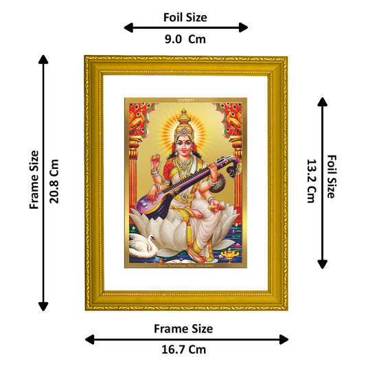 Diviniti 24K Gold Plated Saraswati Mata Photo Frame For Home Decor, Wall Hanging, Table, Puja Room (20.8 x 16.7 CM)